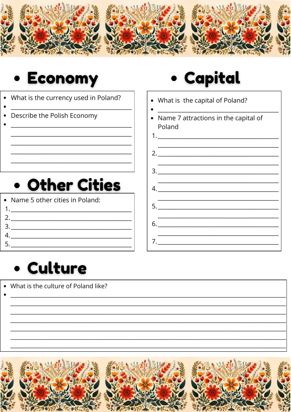 Poland economy and culture: students name the currency, 7 attractions in the capital and 5 other cities, and describe both