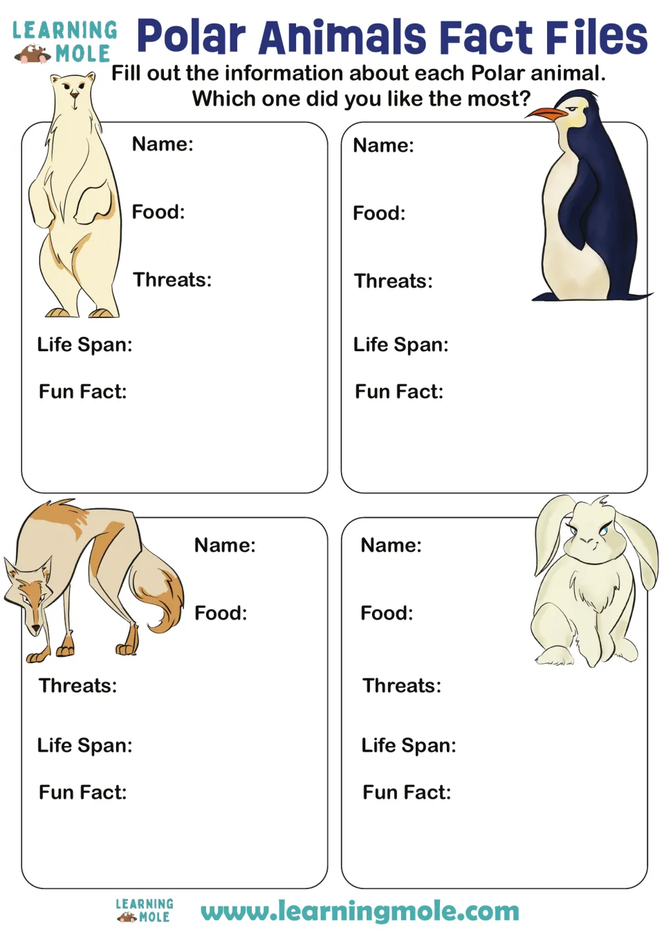 Polar animal fact files: students note name, food, threats, life span and fun fact for polar bear, penguin, fox and rabbit