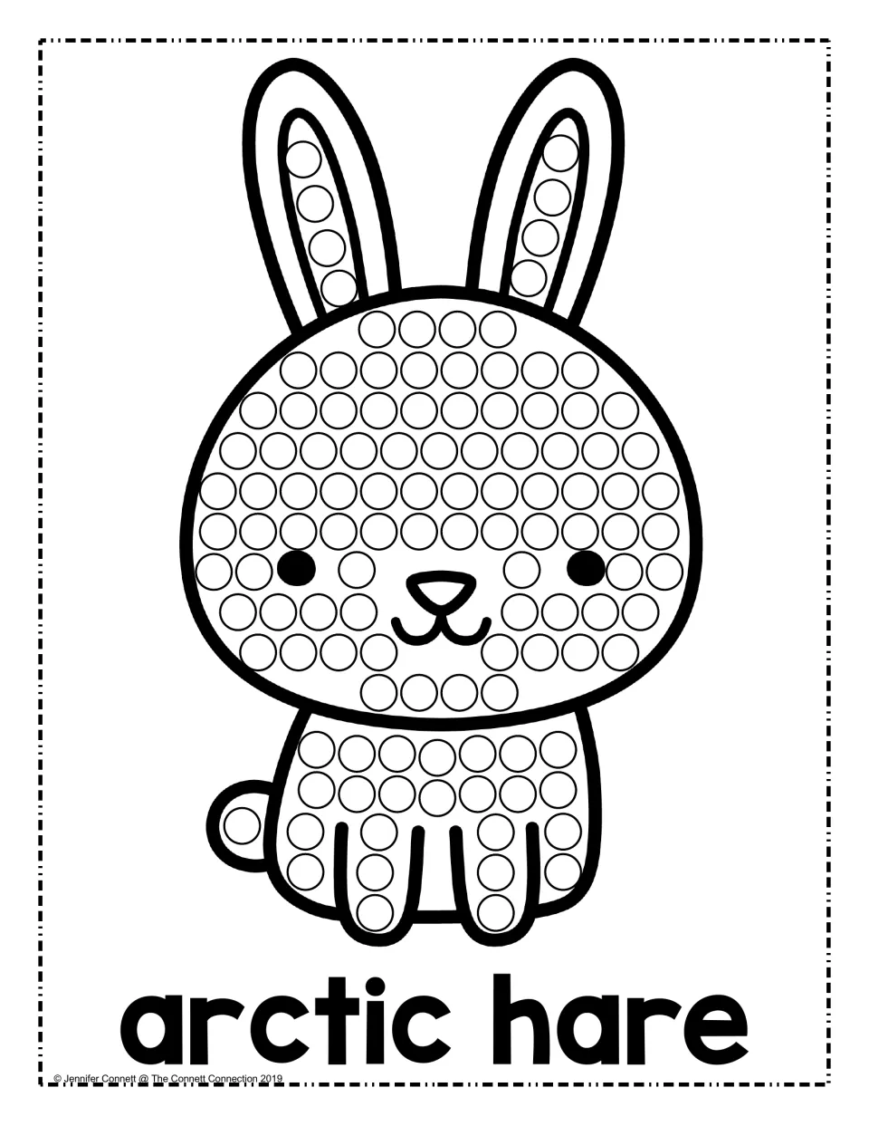Arctic hare dot painting: students stamp a dauber into each circle on the bunny's ears, head and body for fine motor work