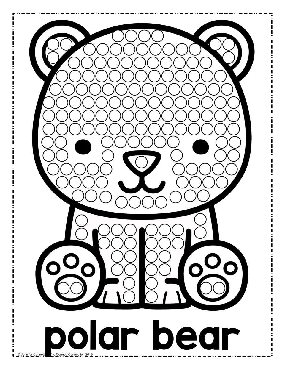 Polar bear dot art: children fill the circles on a seated bear's face, ears, body and paws using a dot marker or paint