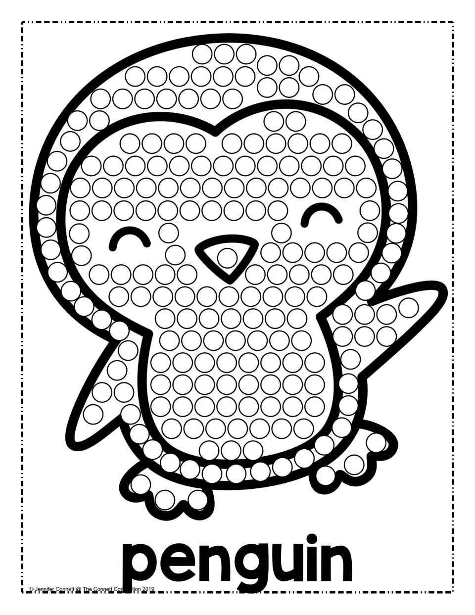 Penguin dot page: learners dab paint into rows of circles covering a waving penguin's head, belly, flippers and feet