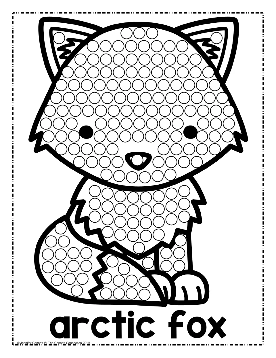 Arctic fox dot painting: students press a dauber onto each circle on a sitting fox's head, chest and curled tail