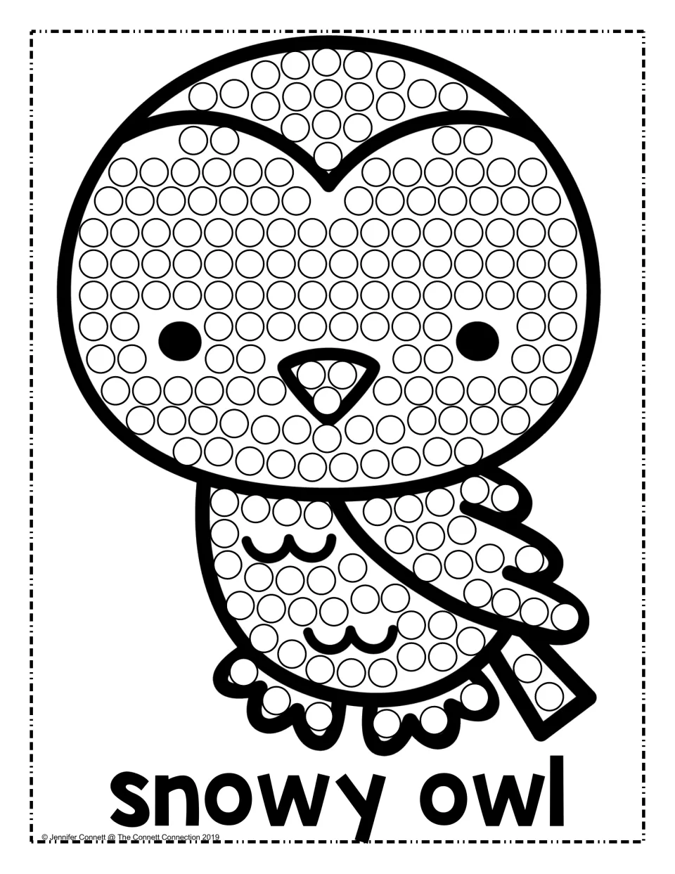 Snowy owl dot art: children dot each circle on a round-headed owl's face, wing and tail feathers