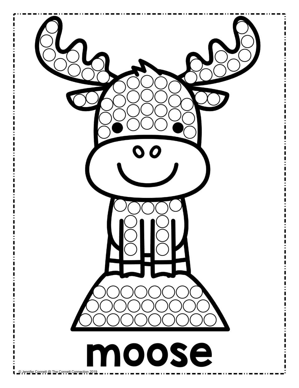 Moose dot page: learners stamp the circles on a smiling moose's antlers, head and legs and on the hill below it