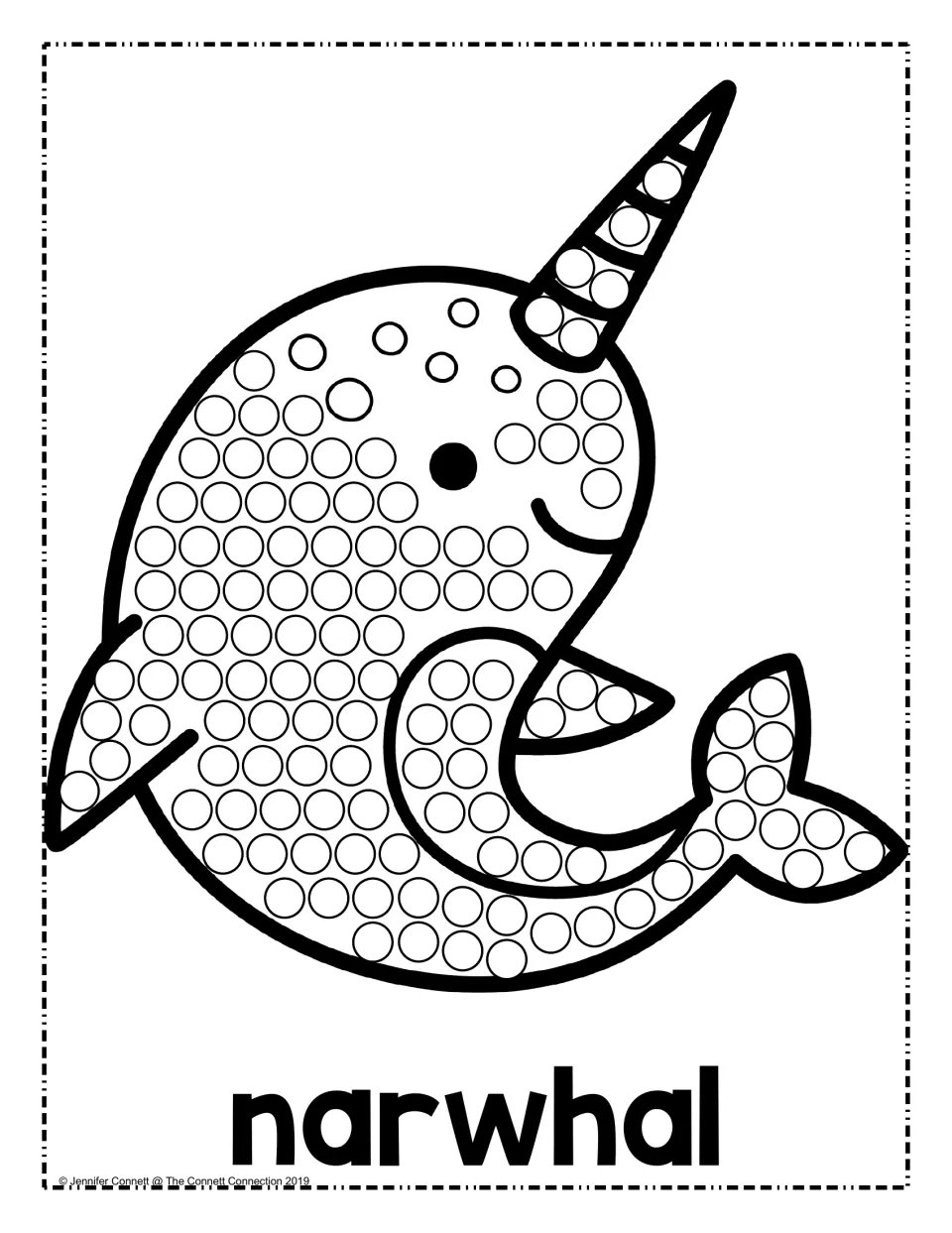 Narwhal dot painting: students dab paint into circles on a curled narwhal's tusk, body, flipper and tail fin