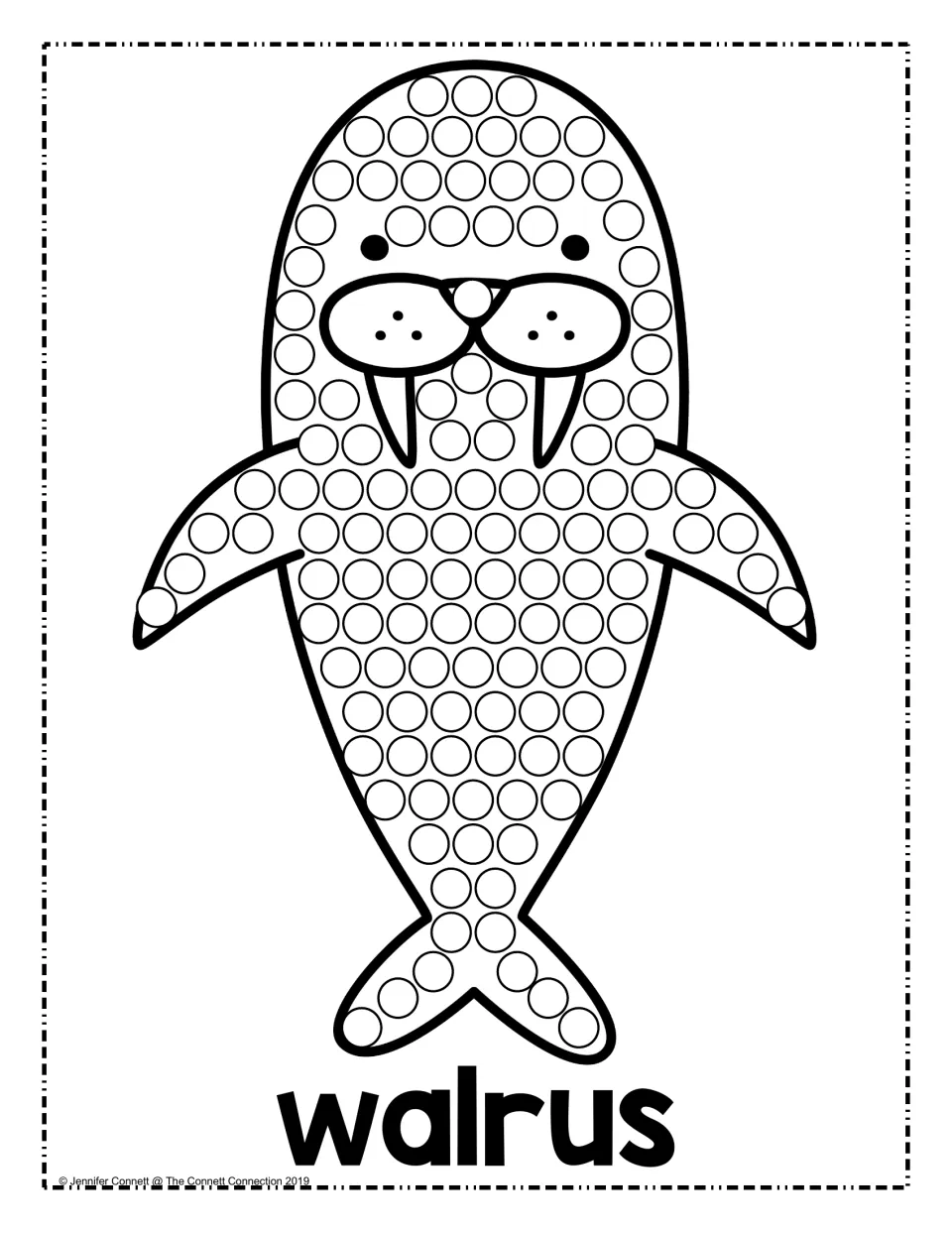 Walrus dot art: children fill the circles on a tusked walrus's head, flippers and tail while practising one-to-one dotting