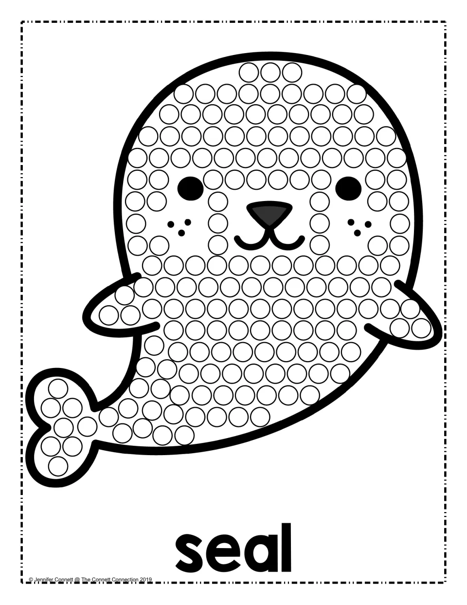 Seal dot page: learners press a dauber onto each circle across a smiling seal pup's head, body, flippers and tail