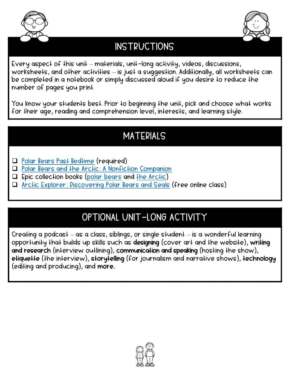Unit instructions explain flexible worksheet use, list required and optional reading, and suggest a podcast