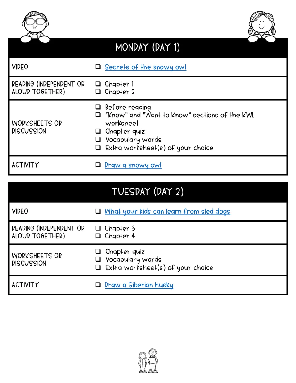 Days 1–2 assign chapters 1–4, pre-reading, quizzes, vocabulary, and snowy owl and sled dog activities