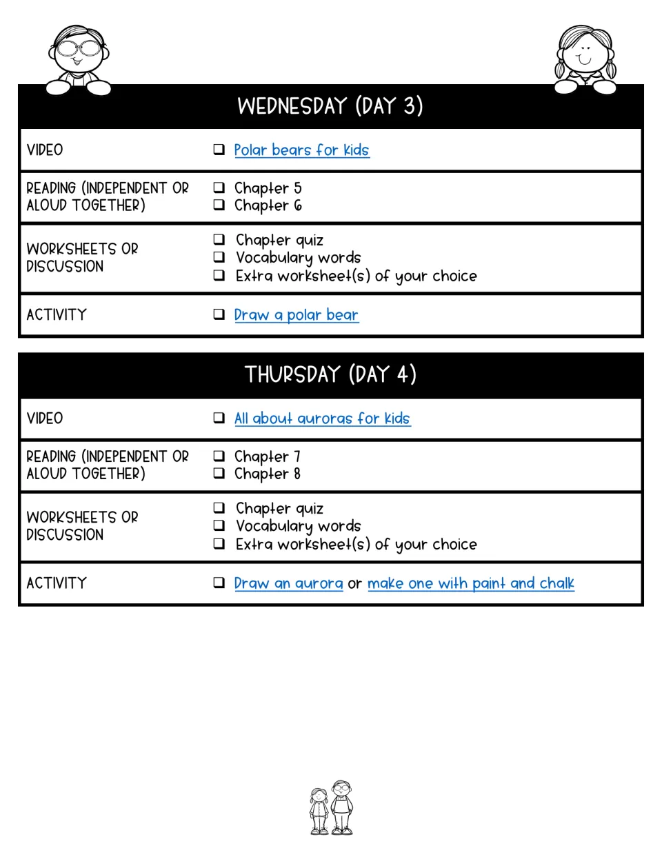 Days 3–4 assign chapters 5–8, quizzes, vocabulary, polar bear and aurora videos, and related art activities