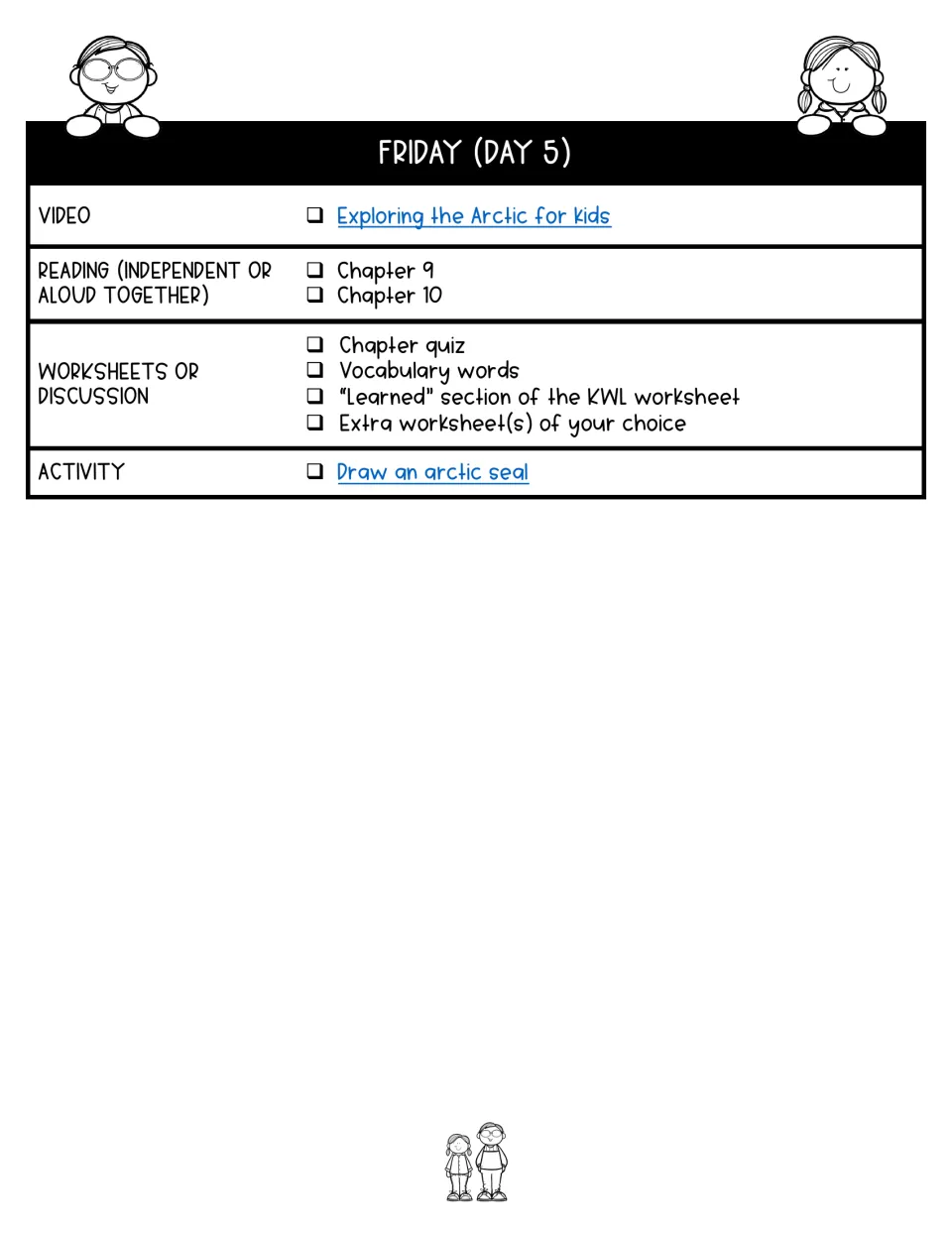 Day 5 assigns chapters 9–10, a quiz, vocabulary, KWL reflection, an Arctic video, and an Arctic seal drawing