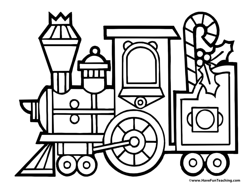 Coloring page in the book-related activity resource showing a Christmas train engine with a candy cane and holly.