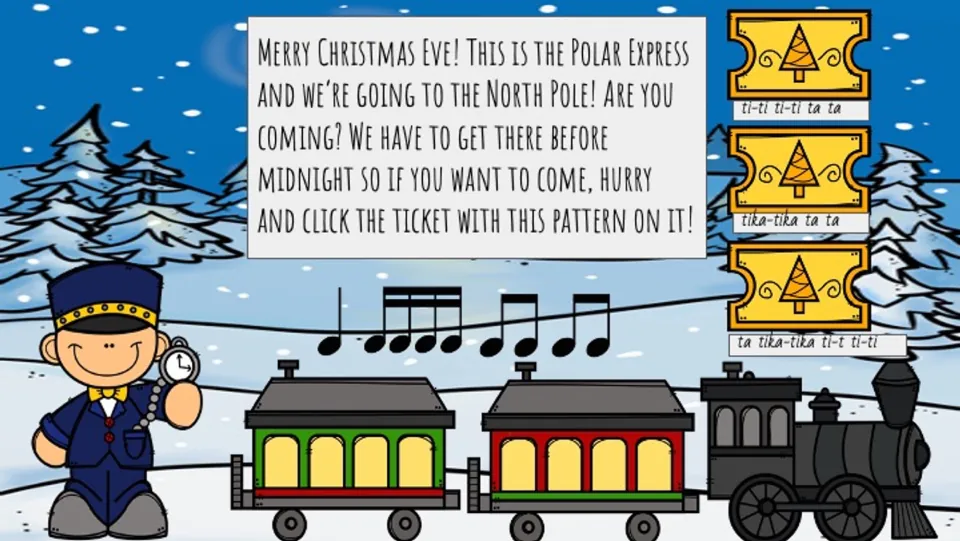 Ticket-choice slide: match a quarter note, four sixteenth notes, and four eighth notes to one of three tickets.