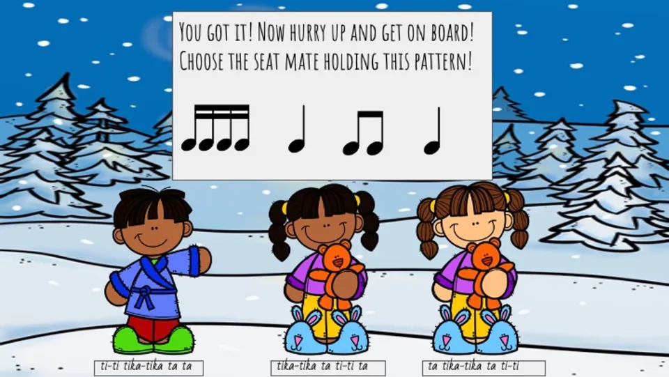 Seatmate-choice slide: match 'tika-tika ta ti-ti ta' to the rhythm label beneath one of three children.