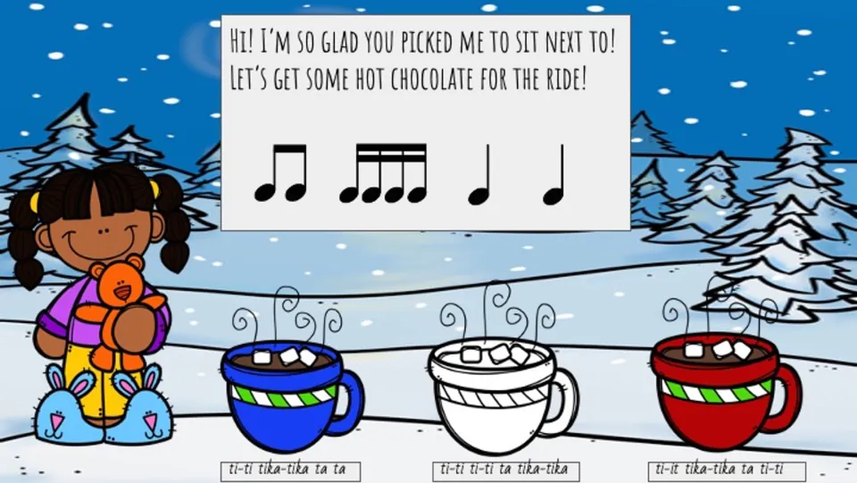Hot chocolate choice slide: match 'ti-ti tika-tika ta ta' to the rhythm label beneath one of three mugs.