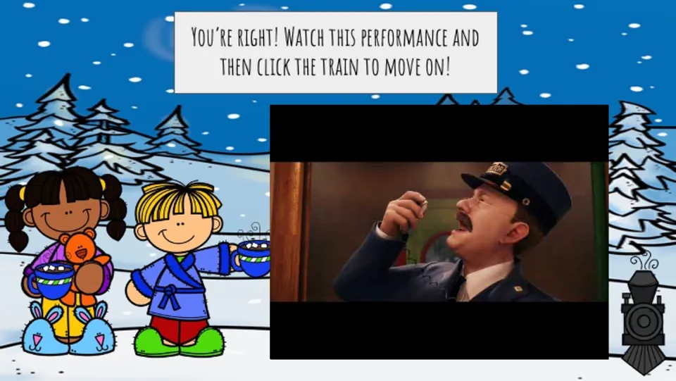 Correct-answer slide directs students to watch a performance, then click the train to continue the journey.