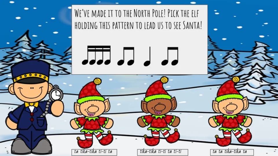 North Pole choice slide: match 'tika-tika ti-ti ta ti-ti' to one of three elves who will lead the way to Santa.
