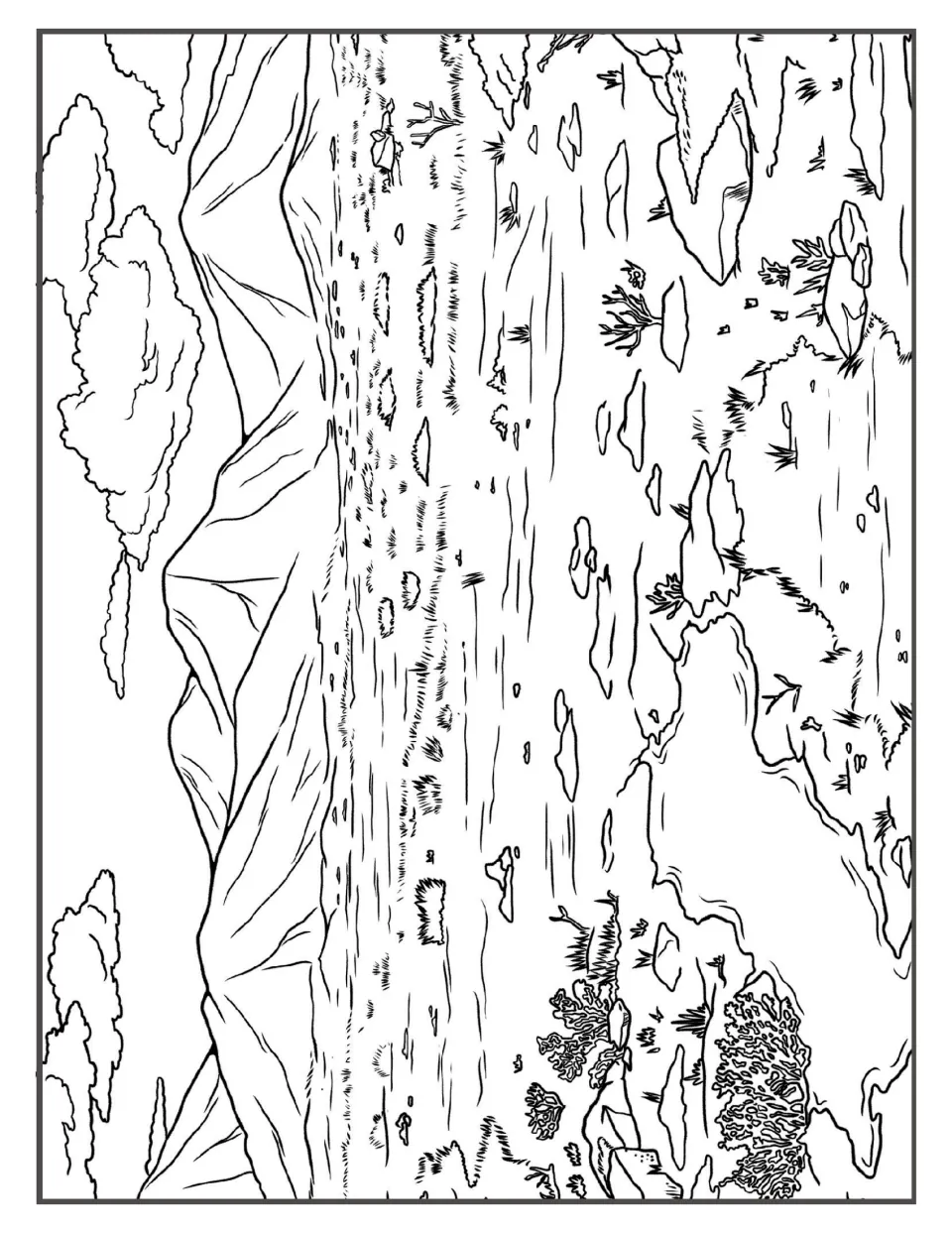 Tundra landscape coloring page: students color low mountains, clouds, grass tufts, rocks and lichen on open ground