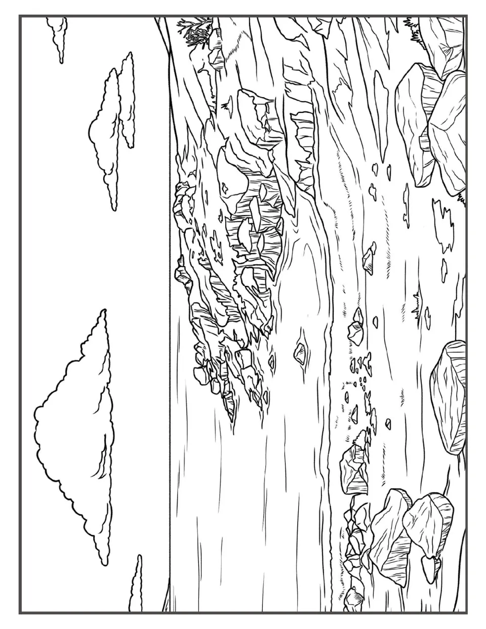 Arctic shoreline coloring page: students color a frozen sea, rocky cliffs, scattered boulders and drifting clouds
