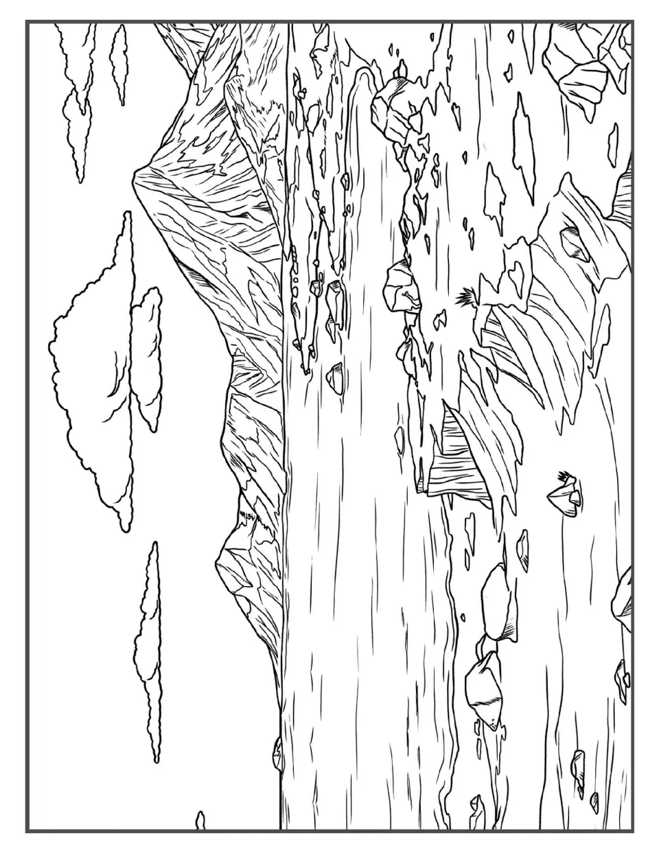 Polar mountain coloring page: students color a rugged peak above a frozen shore with ice chunks and rocks