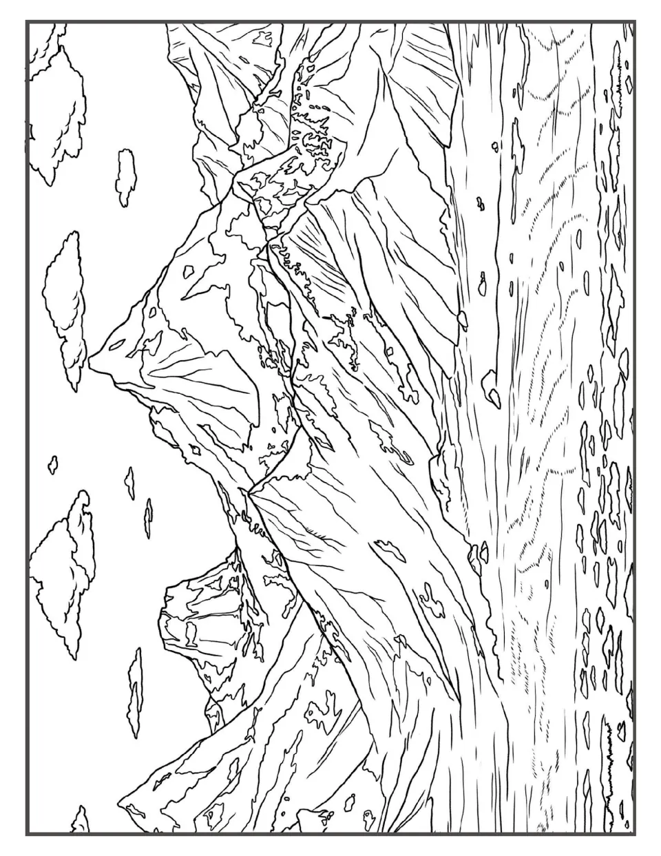 Snowy mountain range coloring page: students color jagged peaks, patches of snow, clouds and a wide icy plain