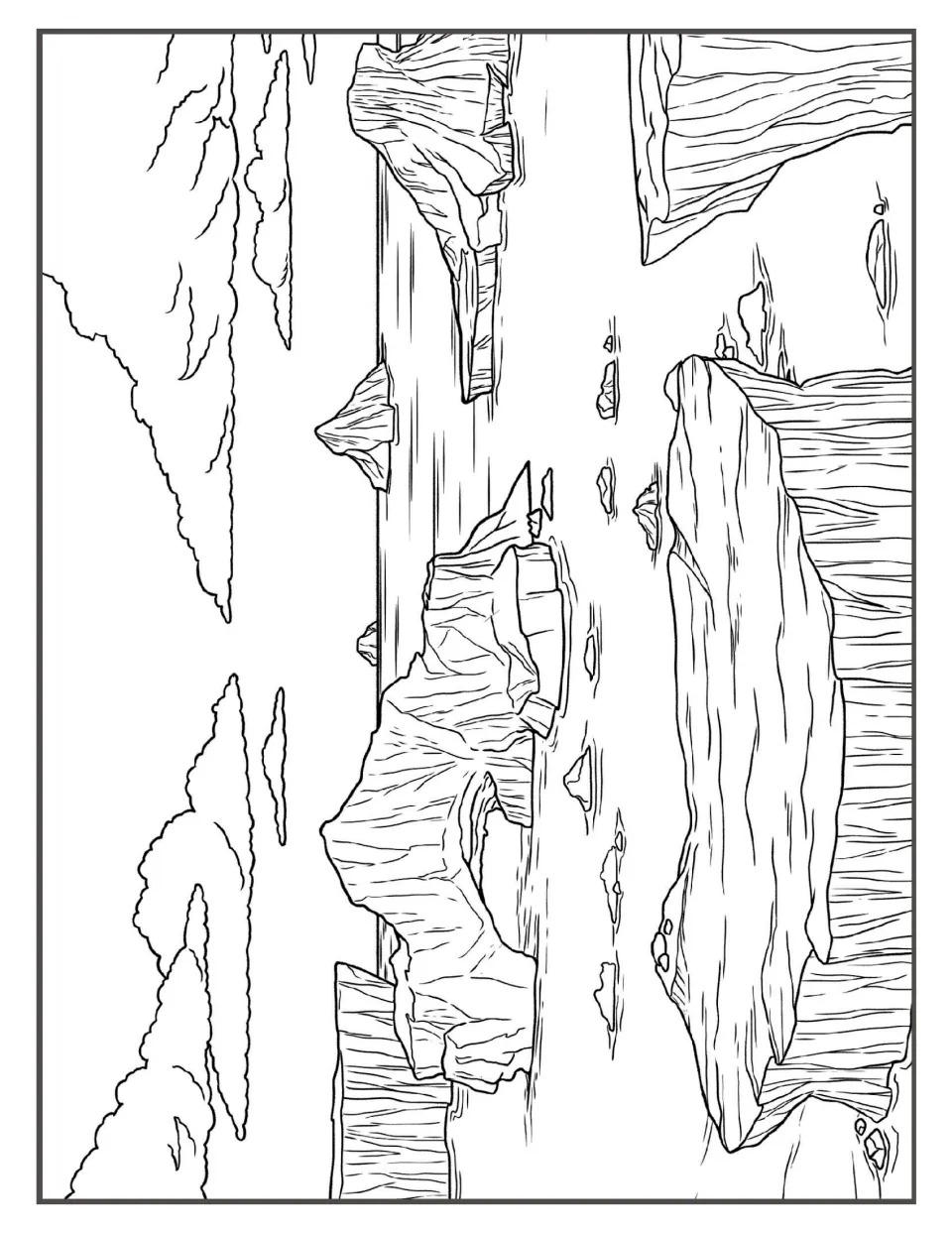 Iceberg coloring page: students color flat-topped ice floes, a sea arch and small bergs floating in open water