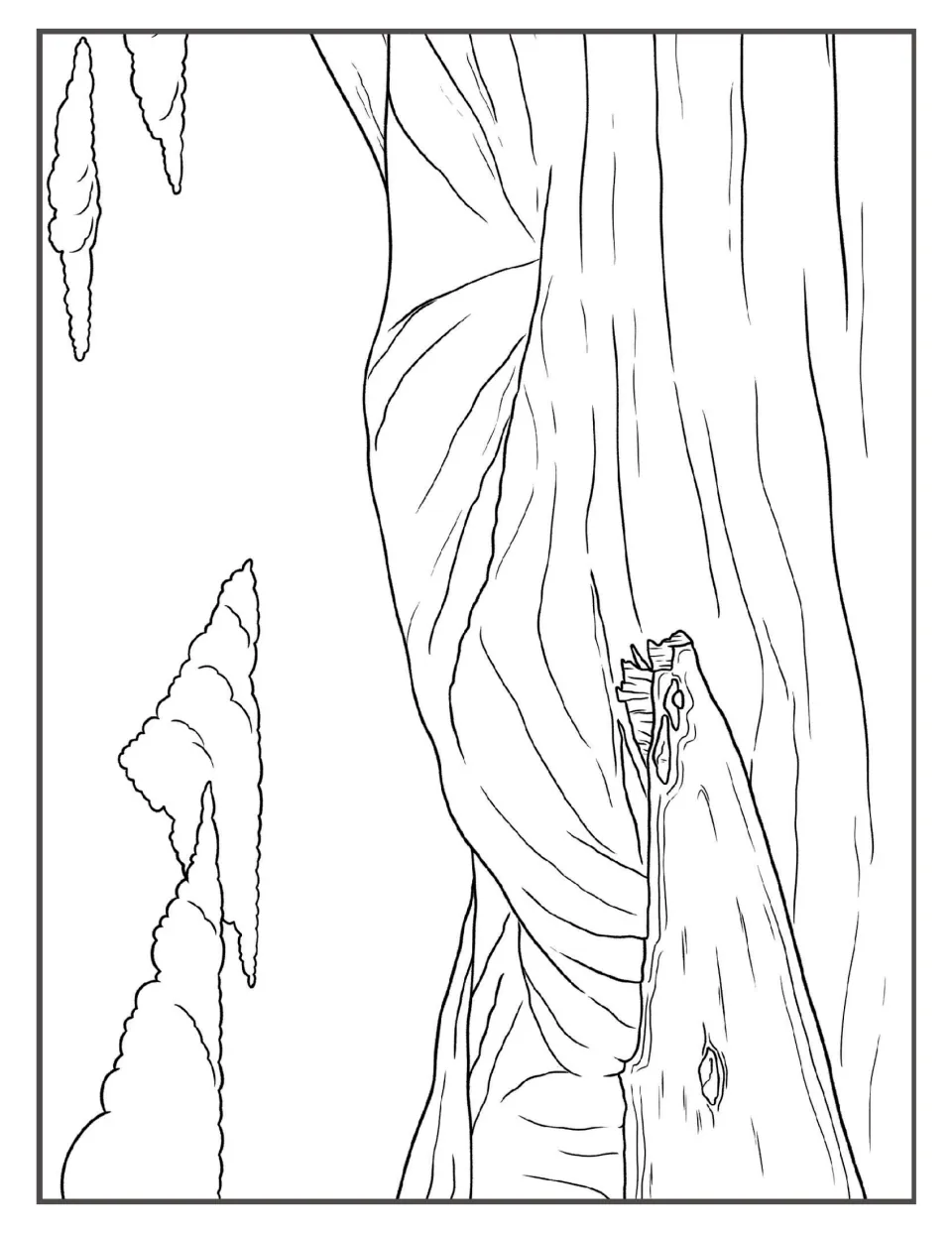 Snow-covered hills coloring page: students color smooth curving slopes, a small ledge and puffy clouds overhead