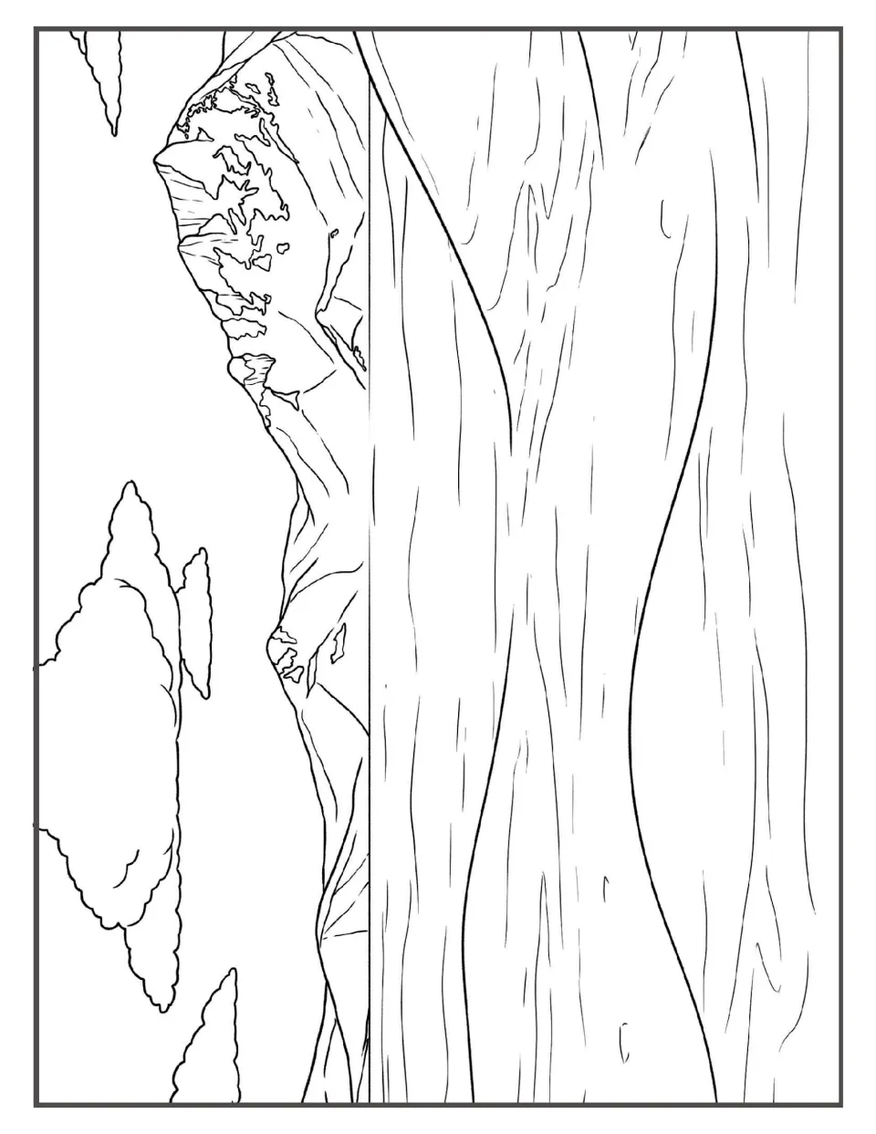 Frozen lake coloring page: students color a snowy mountain behind a flat icy plain with wavy lines and clouds