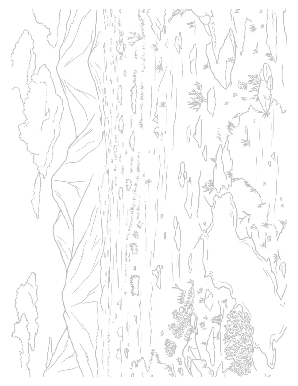 Faded tundra outline template of the mountain, rock and lichen scene, a light-line base for a detailed art project