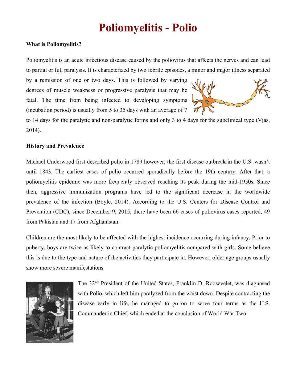 Polio reading introduction covering the disease, its history and prevalence, and Franklin D. Roosevelt