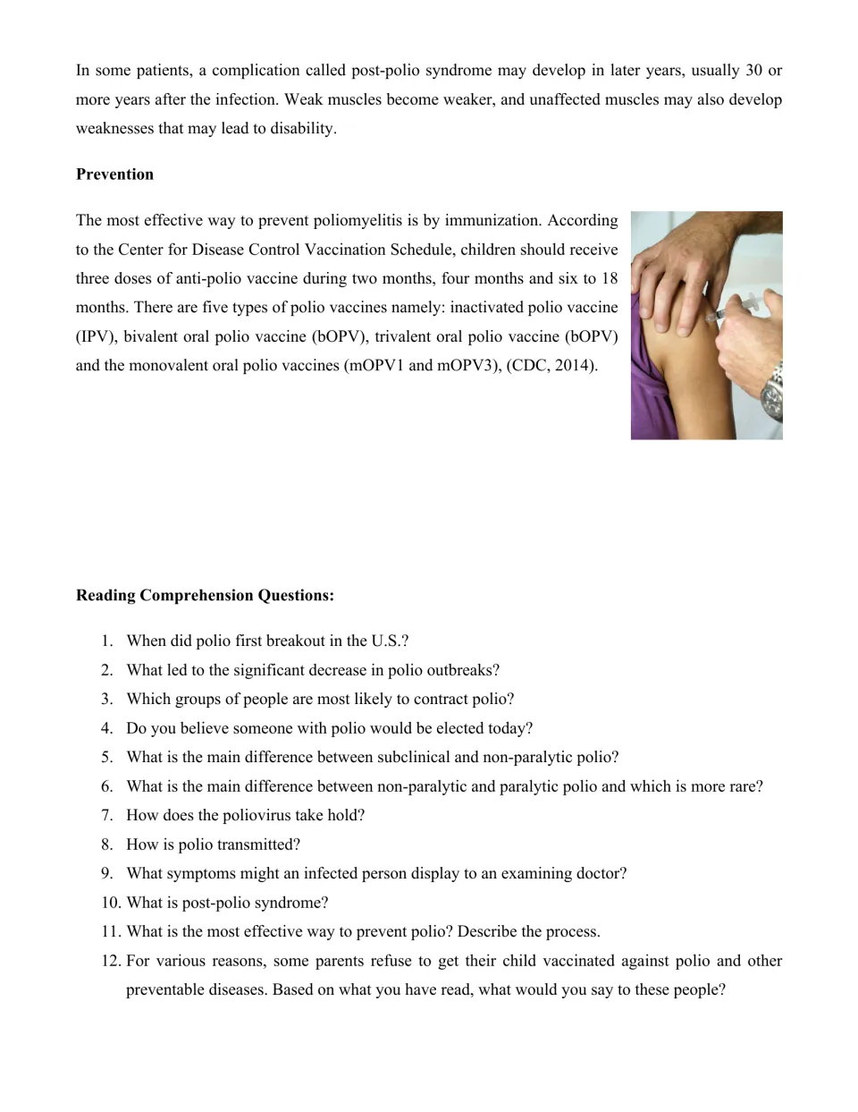 Polio reading conclusion covers post-polio syndrome and prevention, followed by 12 comprehension questions