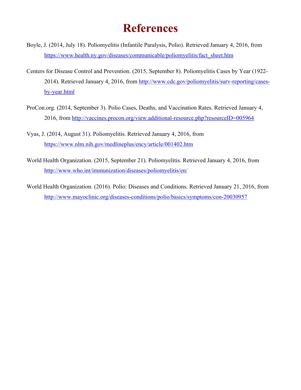 References for the polio reading list six sources, including the CDC and the World Health Organization