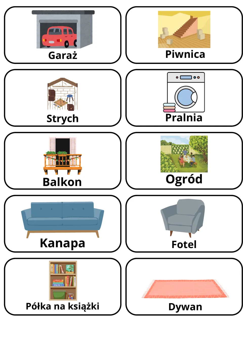 Polish flashcards 11–20: Garaż (garage), Piwnica (basement), Strych (attic) and seven more home vocabulary words