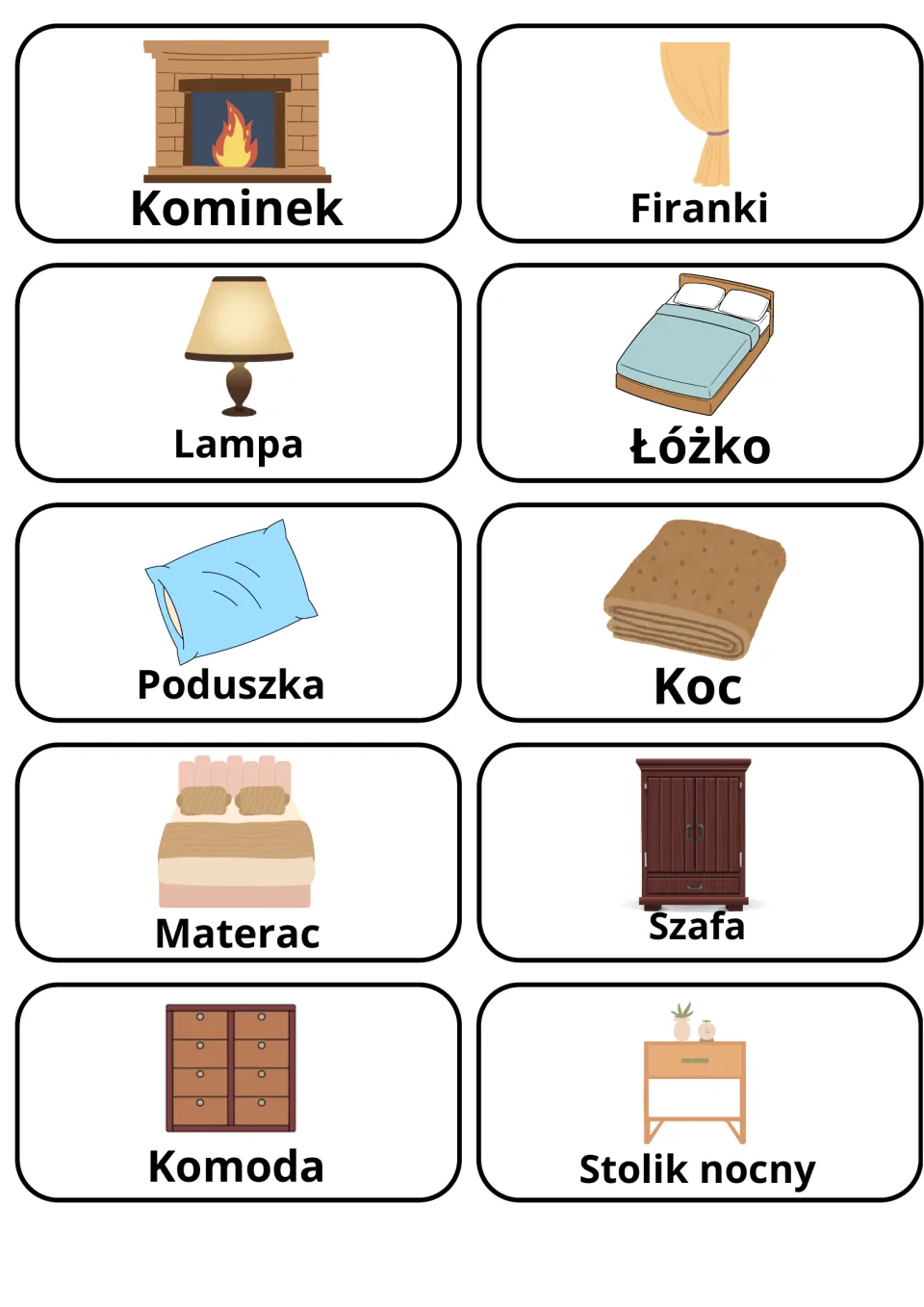 Polish flashcards 21–30: Kominek (fireplace), Lampa (lamp), Łóżko (bed) and seven more furnishing words
