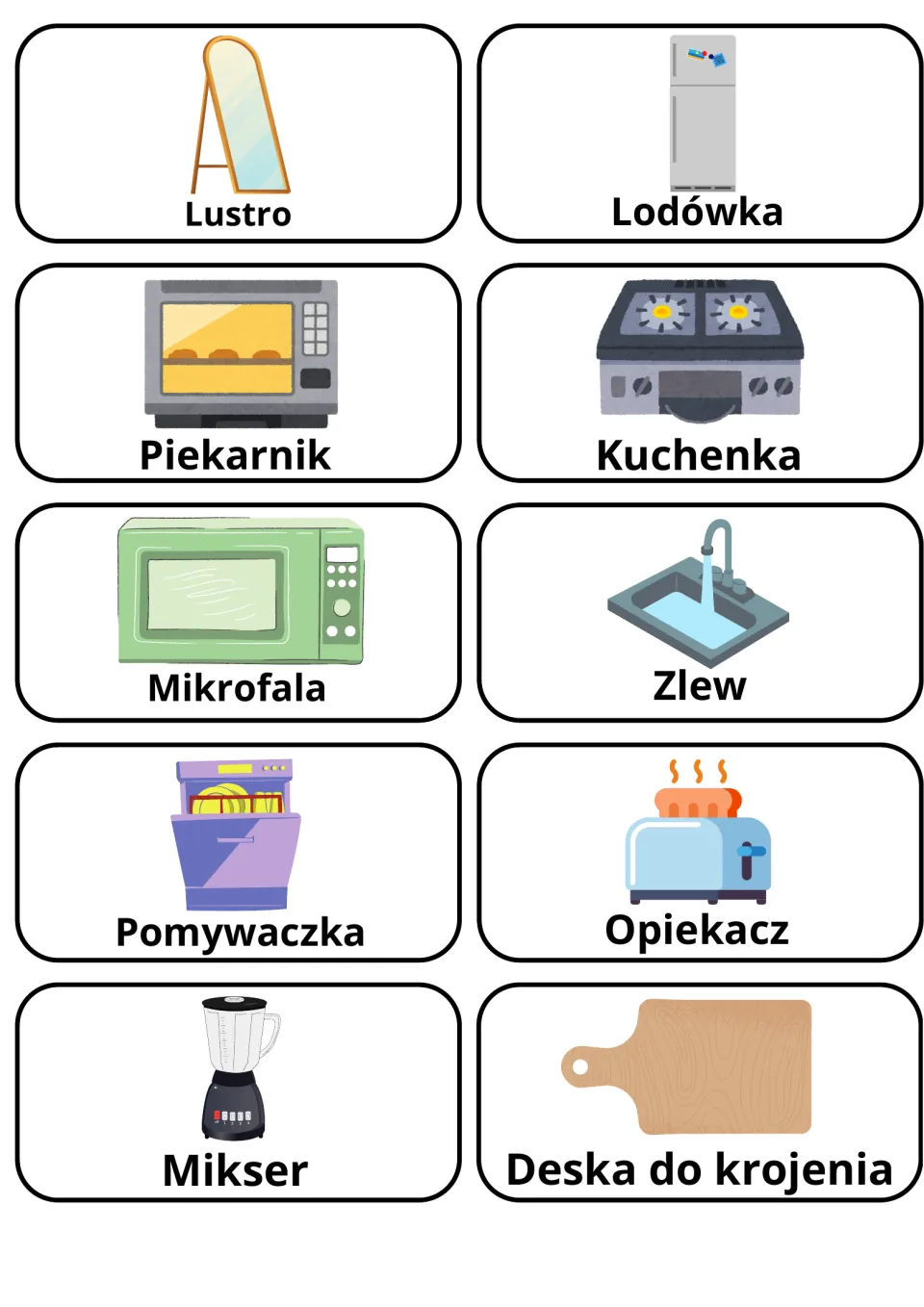 Polish flashcards 31–40: Lustro (mirror), Lodówka (refrigerator), Piekarnik (oven) and seven more household words