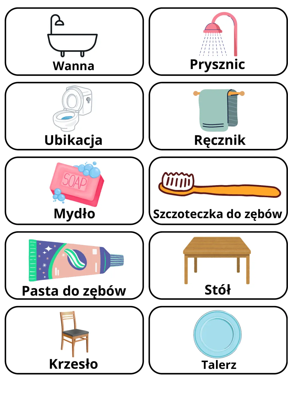 Polish flashcards 41–50: Wanna (bathtub), Prysznic (shower), Ręcznik (towel) and seven more household words