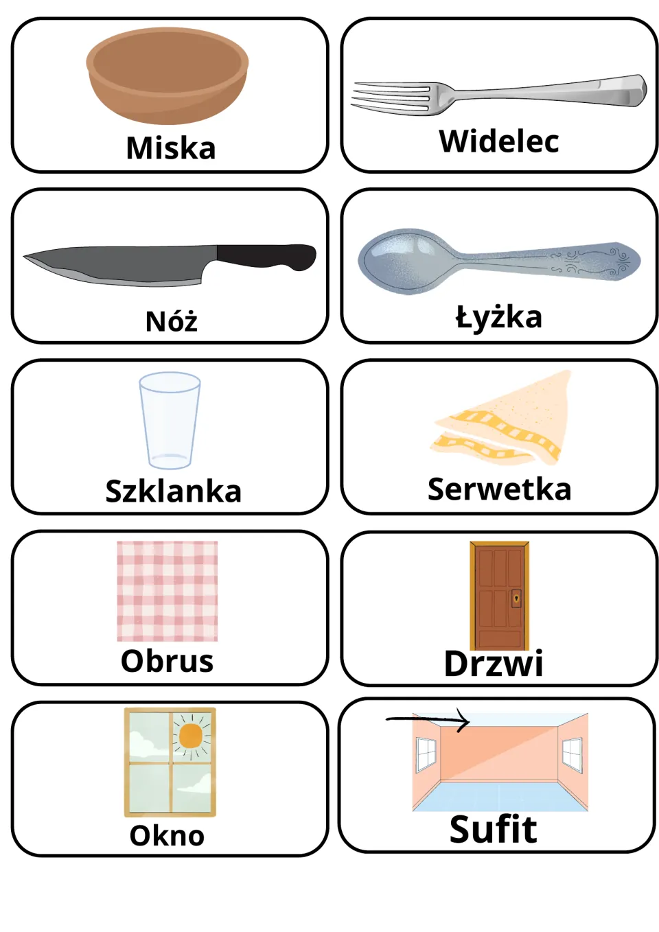 Polish flashcards 51–60: Miska (bowl), Widelec (fork), Nóż (knife) and seven more tableware and home words