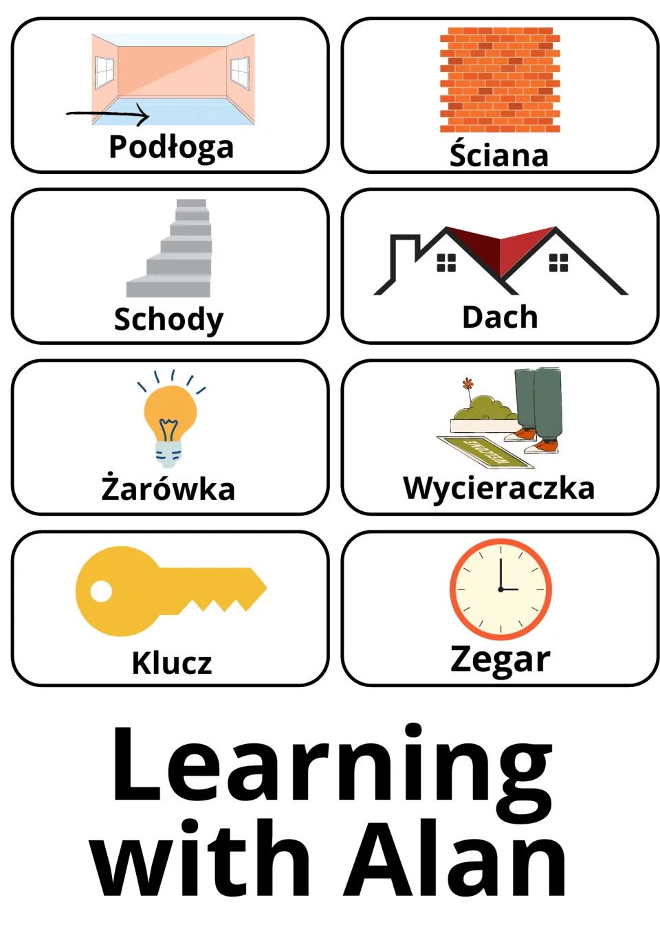 Polish flashcards 61–68: Podłoga (floor), Ściana (wall), Schody (stairs) and five more home vocabulary words