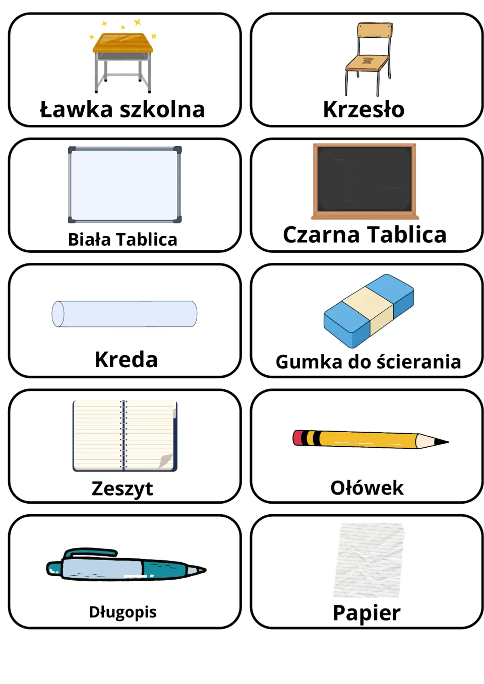 Polish school flashcards 1–10: ławka szkolna (school desk), krzesło (chair), kreda (chalk) and seven more.