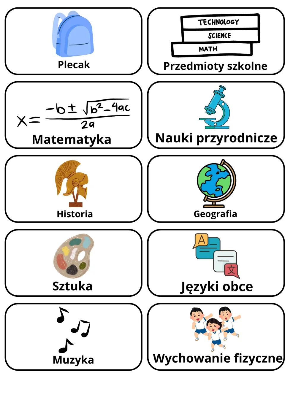 Polish school flashcards 11–20: plecak (backpack), matematyka (math), historia (history) and seven more.