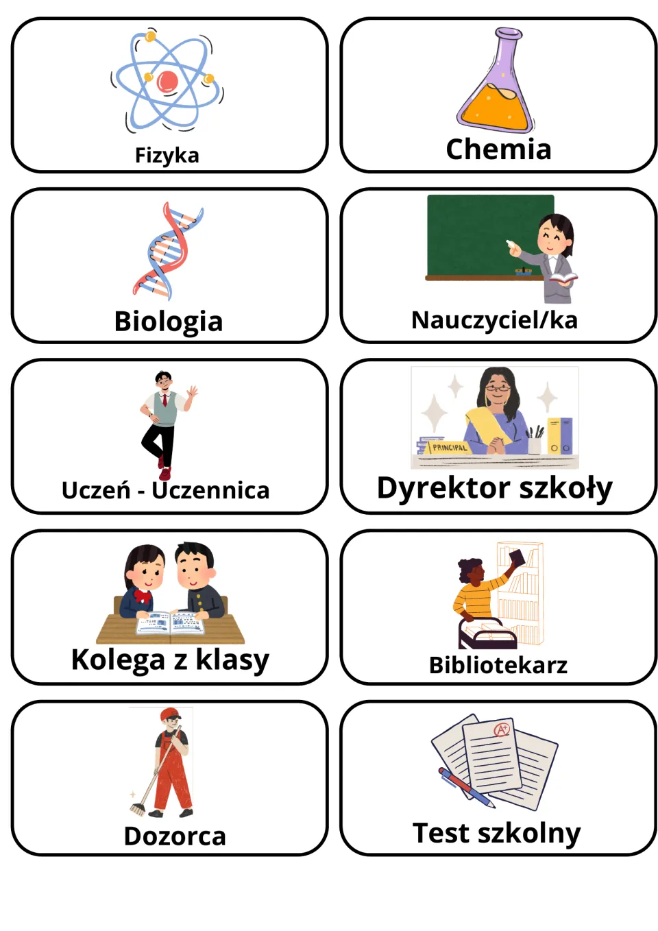 Polish school flashcards 21–30: fizyka (physics), chemia (chemistry), biologia (biology) and seven more.
