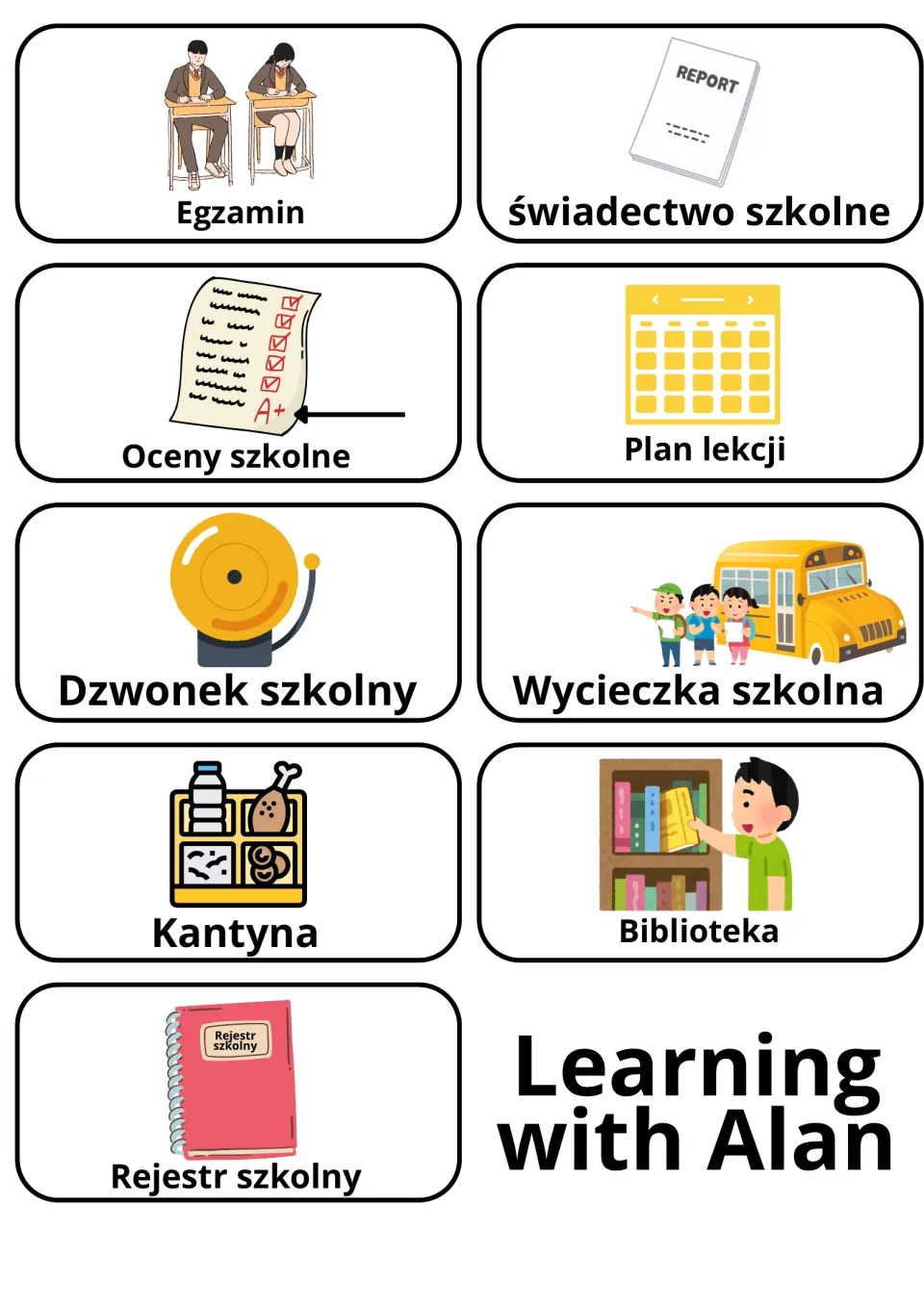 Polish school flashcards 31–39: egzamin (exam), plan lekcji (class schedule) and seven more, with pictures.