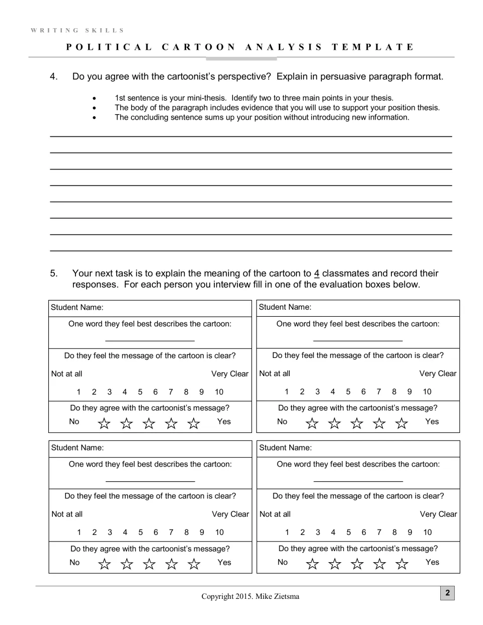 Cartoonist's perspective: students write a persuasive paragraph, then interview 4 classmates and rate message clarity 1-10