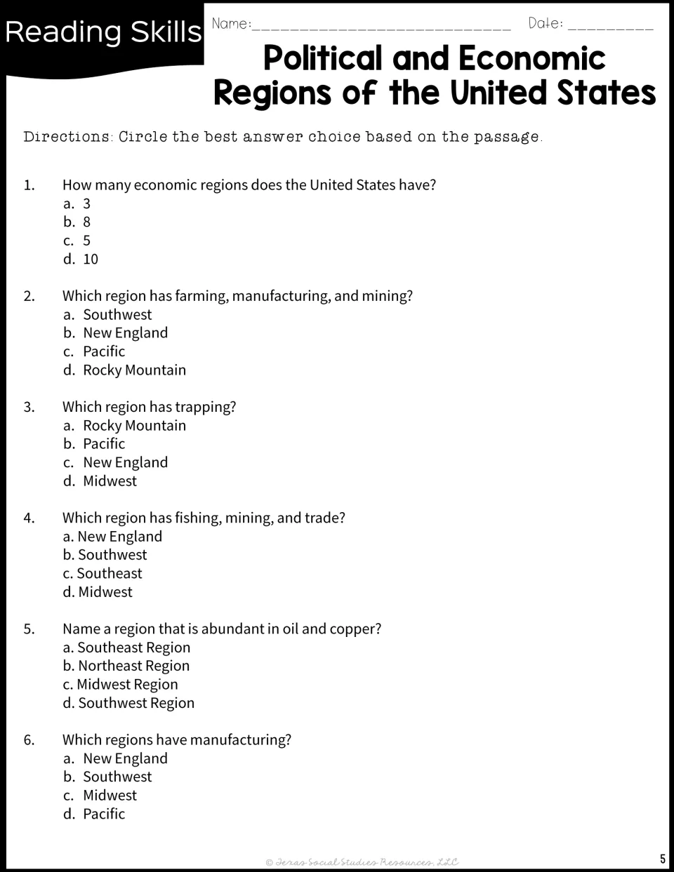 Comprehension questions 1–6 cover the number of economic regions, regional industries, oil, and copper.