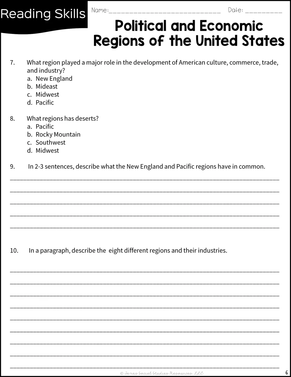 Questions 7–10 cover the Mideast, deserts, a New England–Pacific comparison, and regional industry writing.
