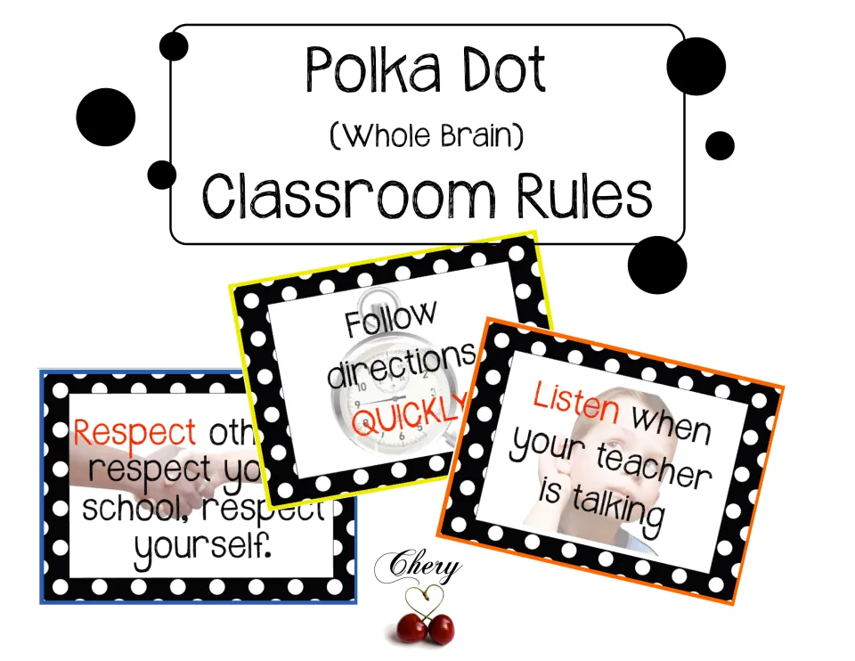 Cover of Polka Dot Classroom Rules | Whole Brain Teaching, showing three sample posters from the set