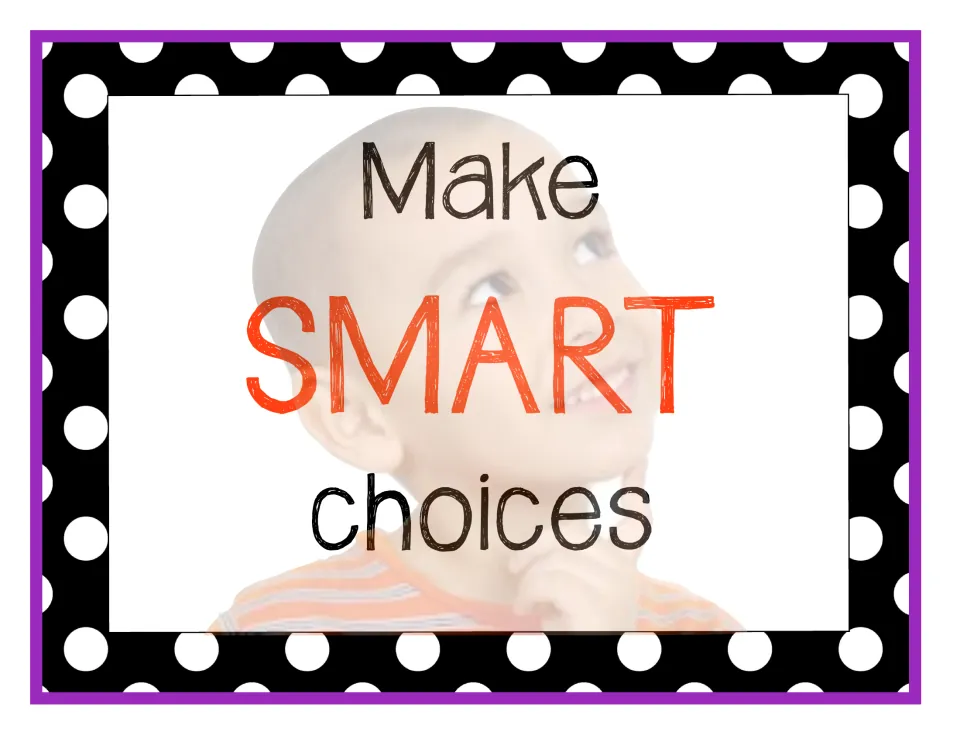 Classroom rules poster 5 of 6: “Make SMART choices,” with a child looking up and touching their chin