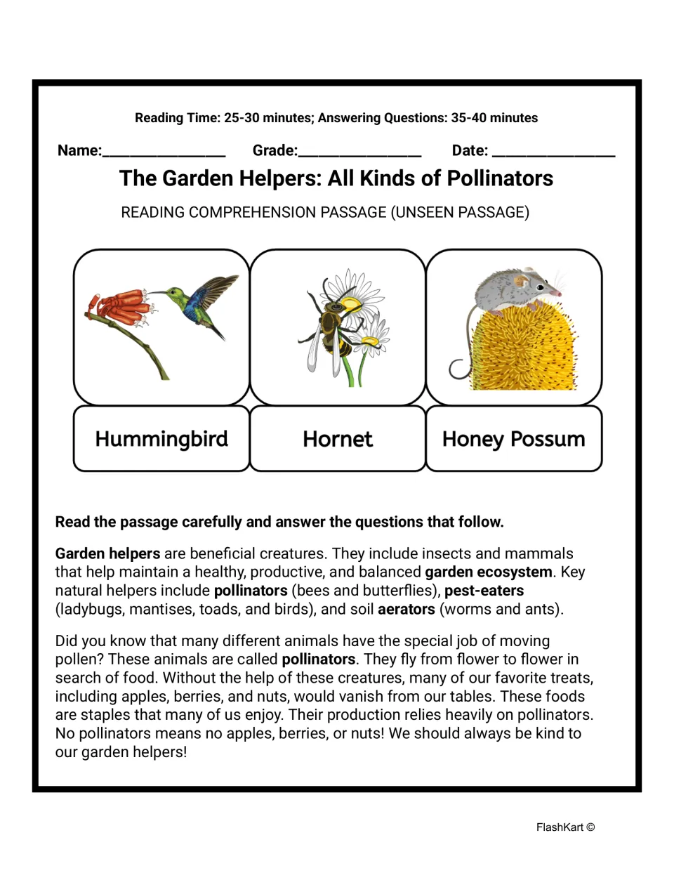 The Garden Helpers: All Kinds of Pollinators passage opener: students read about garden helpers and why pollinators matter