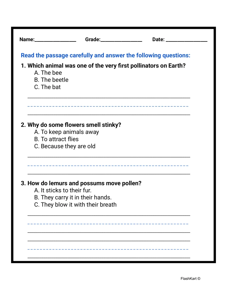 Pollinator questions 1-3: students choose A, B or C on first pollinators, stinky flowers and how lemurs move pollen
