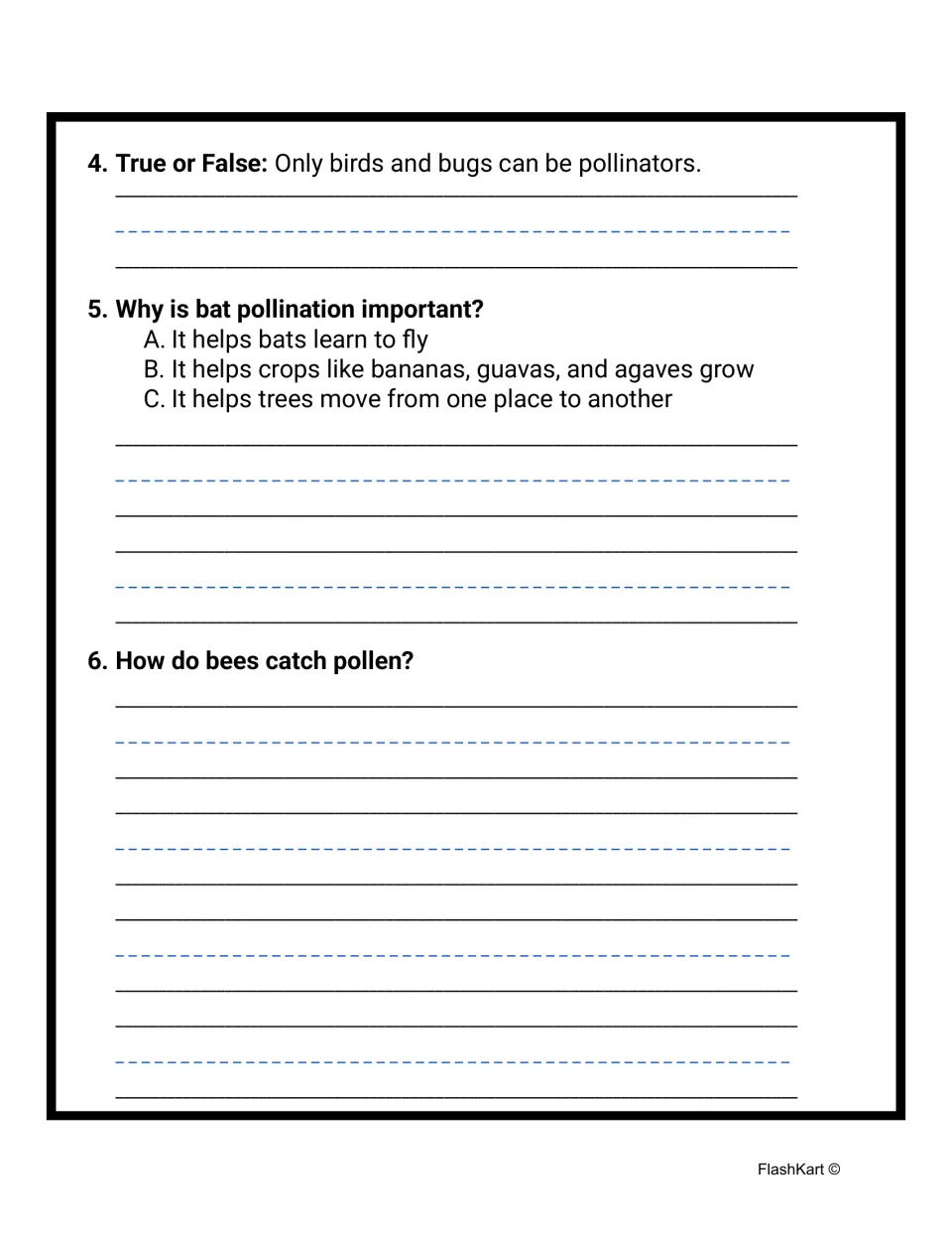 Pollinator questions 4-6: answer true or false, choose why bat pollination matters and explain how bees catch pollen